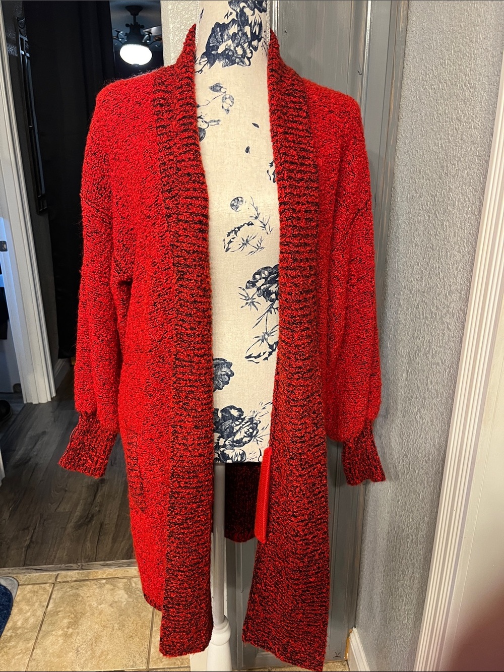 Open-Front Red Knit Cardigan with Rib Trim